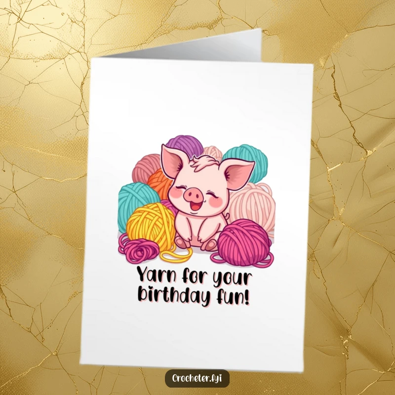 Funny Free Printable Birthday Card: A cheerful piglet laughing hysterically while playing in a massive pile of colorful yarn.