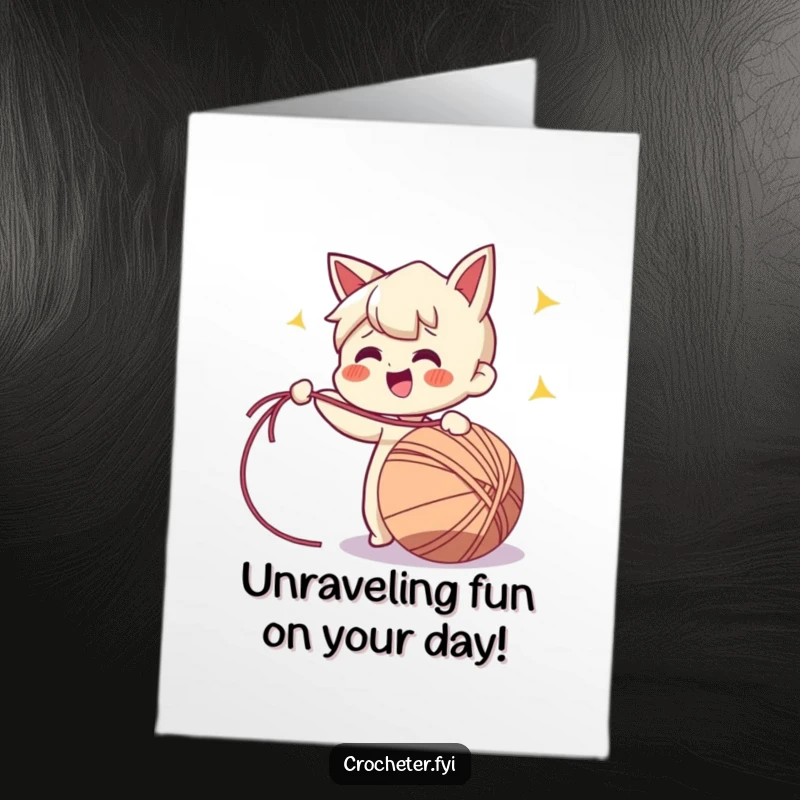 Funny Free Printable Birthday Card: Cheerful character enthusiastically pulling a long strand of yarn from a large ball.