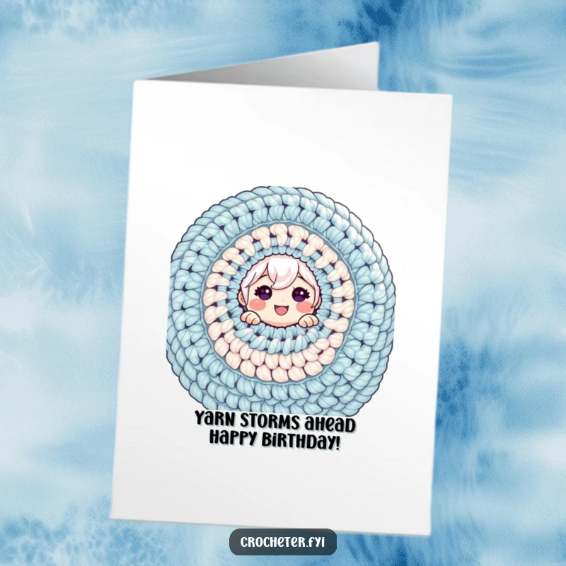 Funny Free Printable Birthday Card: Cheerful character peeking from behind huge crochet work, ready to gift a laugh.