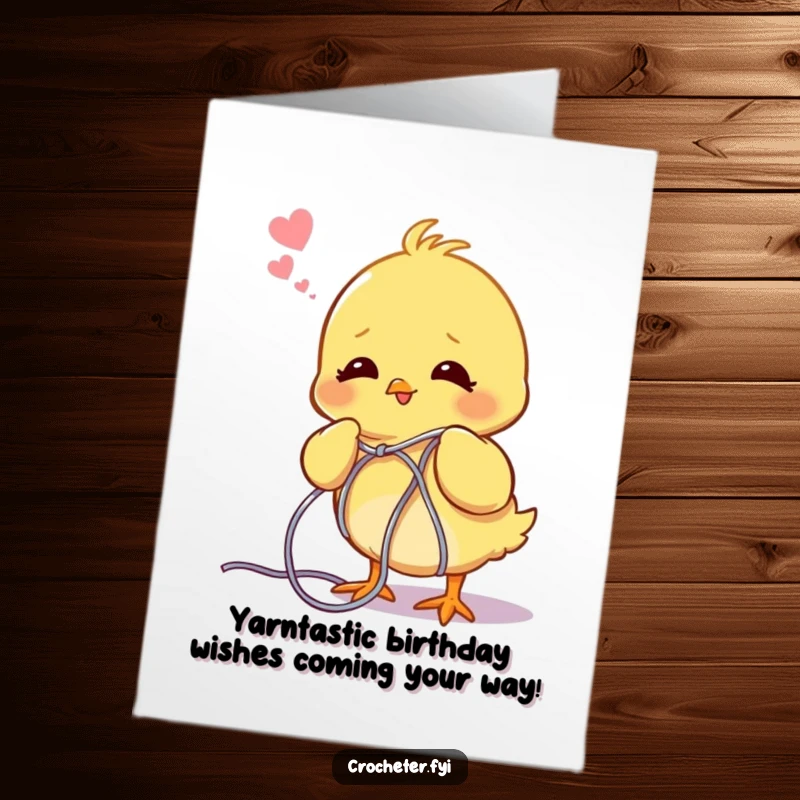 Funny Free Printable Birthday Card featuring a happy chick sighing as it unravels a giant, tangled ball of yarn, perfect for DIY gifts.