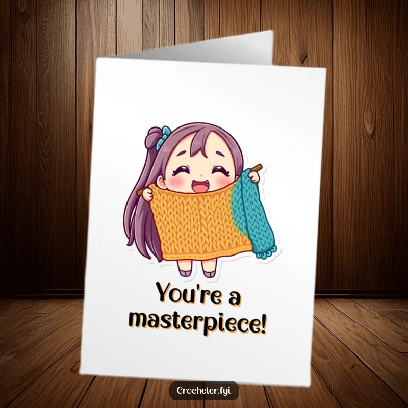 Funny Free Printable Birthday Card: A cheerful character beams while holding a vibrant, half-finished knitted creation.