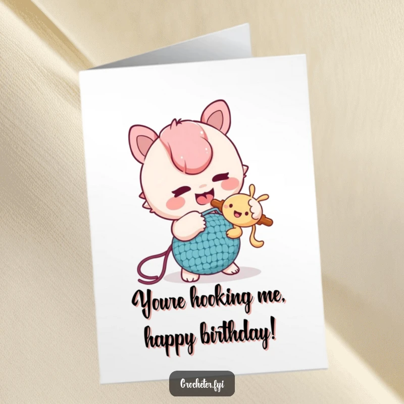 Funny Free Printable Birthday Card: A mischievous character using a crochet hook to playfully tickle a friend, wishing happy birthday with giggles.