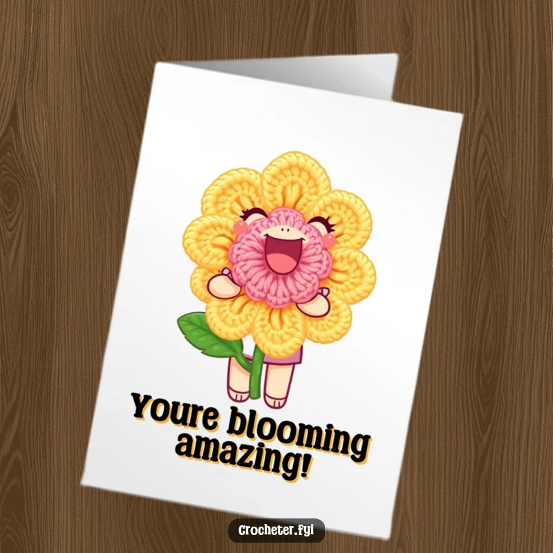 Funny Free Printable Congratulations Card: A joyful character showing off a perfectly formed crochet flower, celebrating success.
