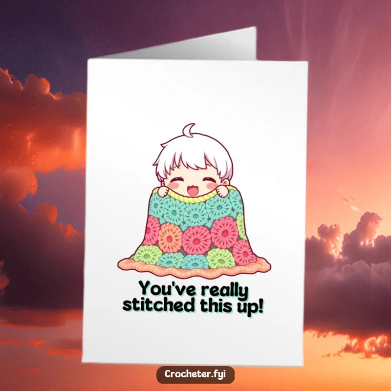 Funny Free Printable Congrats Card: Character proudly admires a crocheted blanket, a downloadable symbol of accomplishment and hard work.