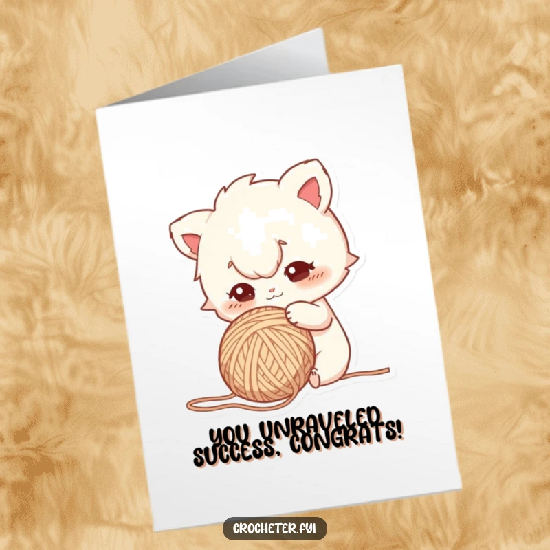 Funny Free Printable Congratulations Card showing a curious character with a focused gaze poking a yarn ball.