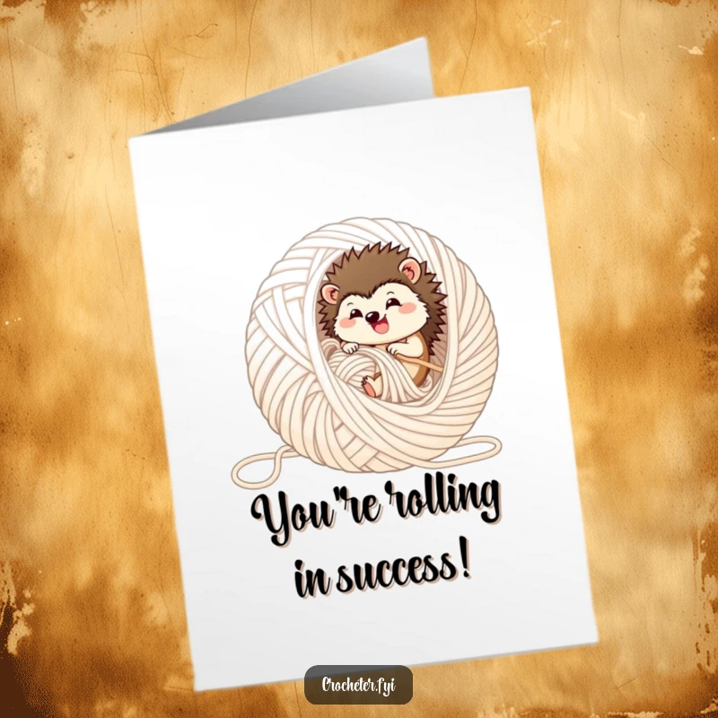 Funny Free Printable Congratulations Card featuring a delighted hedgehog blissfully rolling within a large, chaotic ball of yarn, great for gifts.