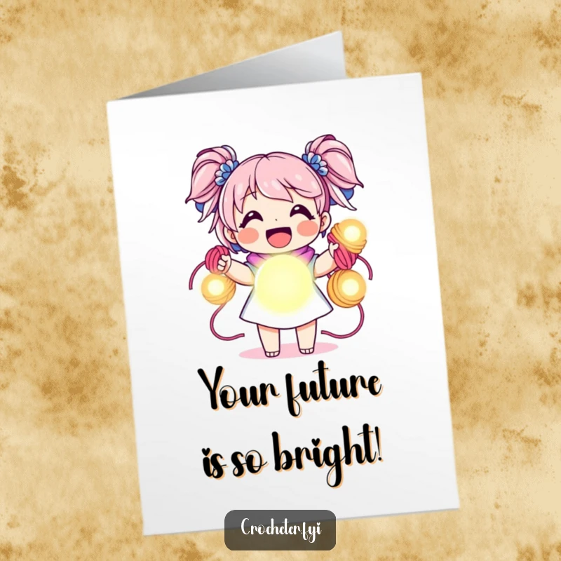 Funny Free Printable Congratulations Card: Joyful character holding bright yarn skeins like glowing orbs, celebrating an achievement.