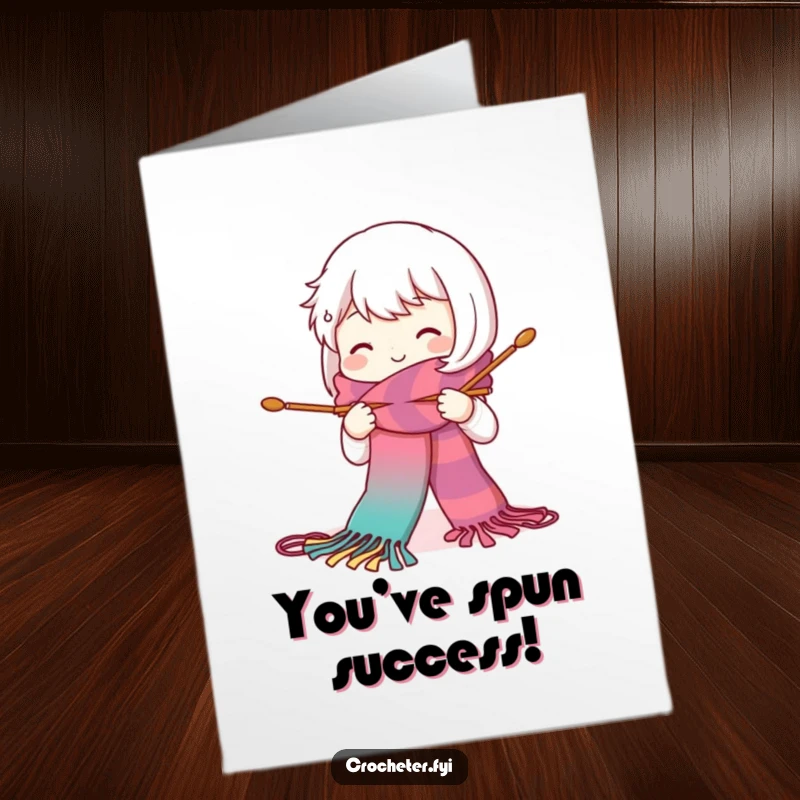 Funny Free Printable Congratulations Card: A cute character smiling while actively knitting a vibrant, long scarf.
