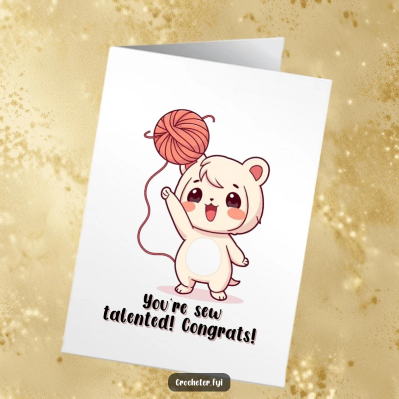 Funny Free Printable Congrats Card: Playful character tossing a fluffy ball of yarn, symbolizing a joyful celebration of success.
