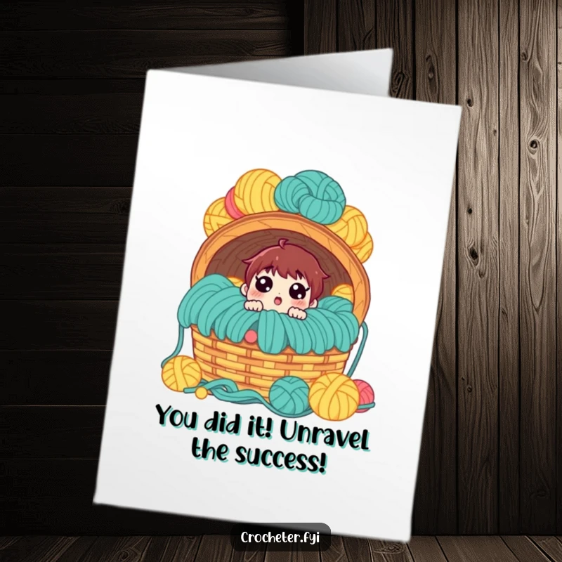 Funny Free Printable Congratulations Card: Character shocked by a gigantic overflowing yarn basket, celebrating a big win.