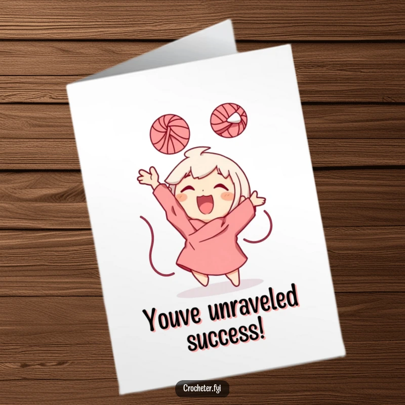 Funny Free Printable Congratulations Card showing a character exuberantly throwing a ball of yarn, celebrating an accomplishment.