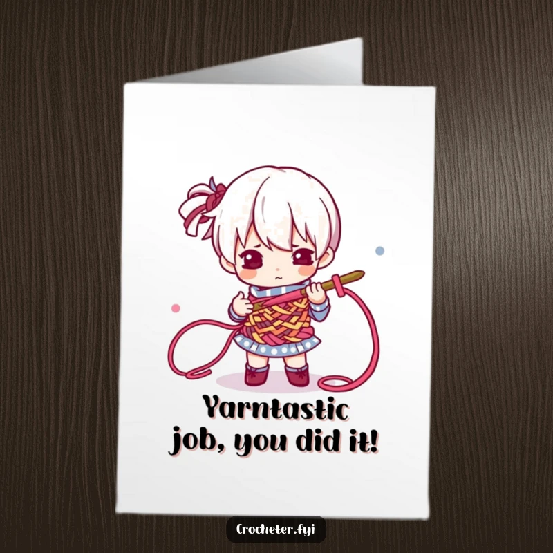 Funny free printable congratulations card showing a determined character mastering crochet with colorful threads, celebrating success.