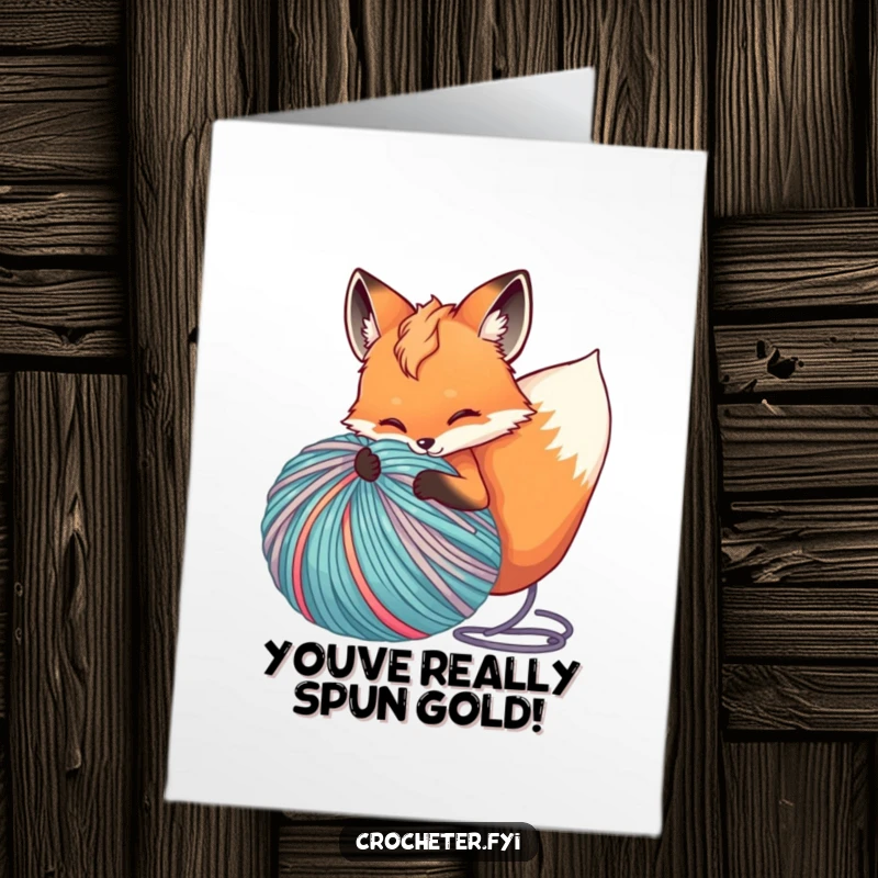 Funny Free Printable Fox Congratulations Card: A delighted fox energetically unfurling a huge ball of bright yarn in celebration.