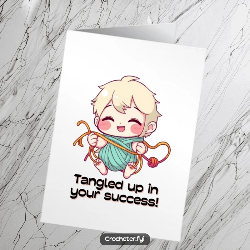 Funny free printable congratulations card showing a character happily entangled in yarn, celebrating a successful (or survived) project.