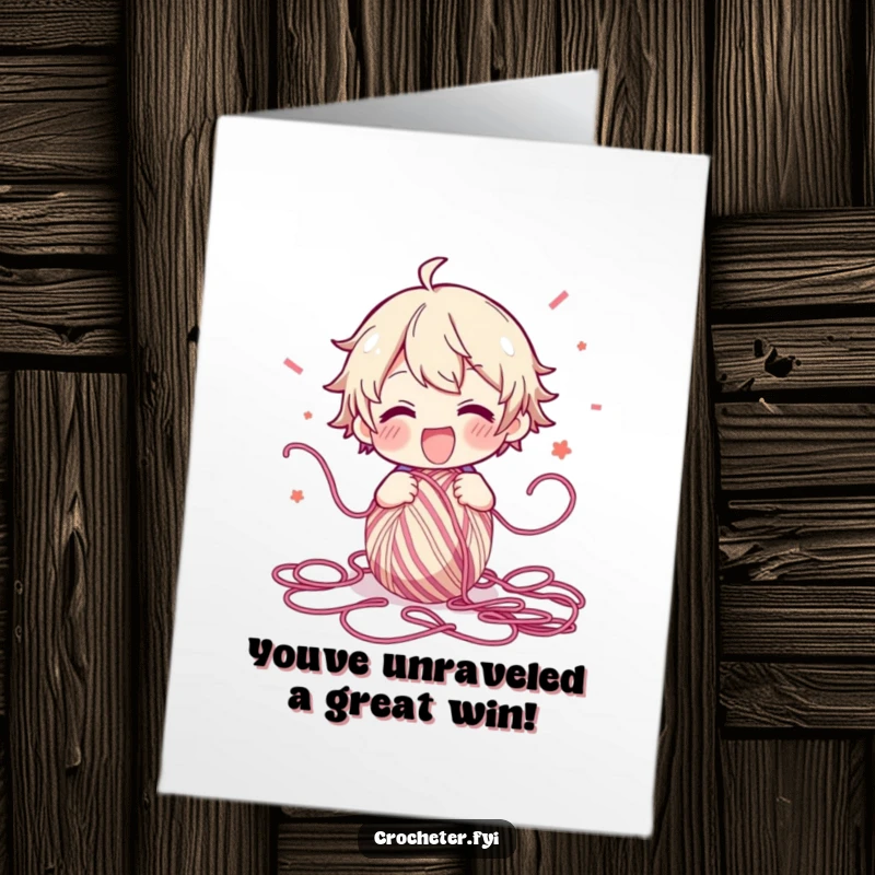 Funny free printable congratulations card of a character joyfully scattering yarn everywhere, symbolizing a creative breakthrough.