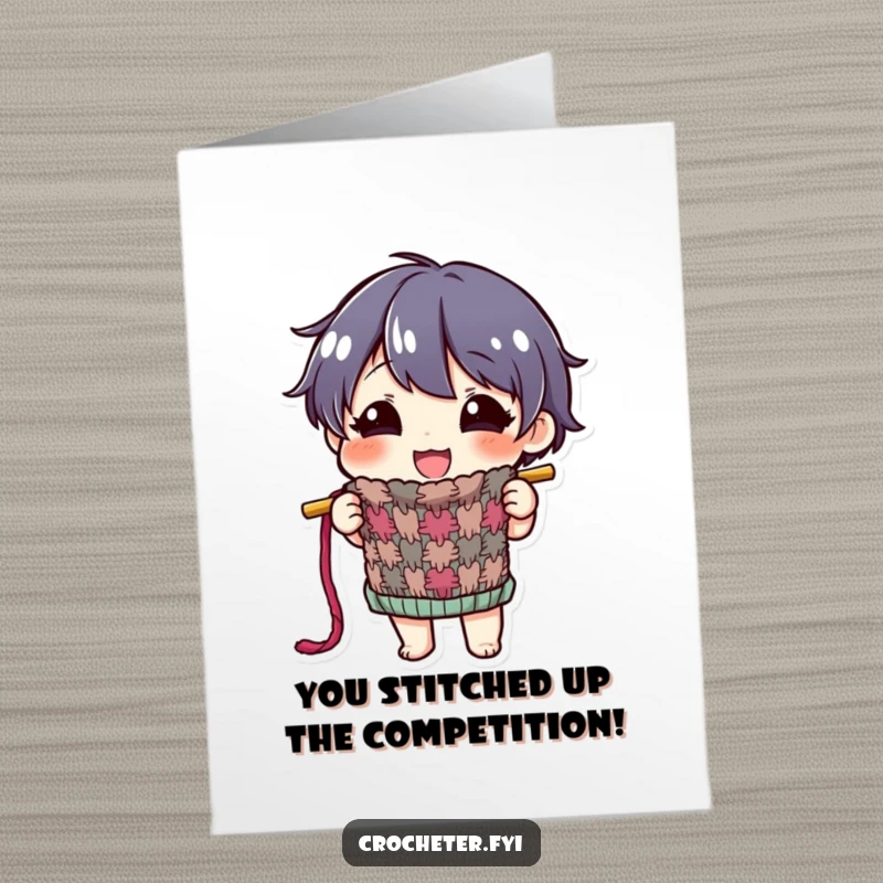 Funny Free Printable Congrats Card: Happy character proudly displaying a colorful, half-finished knitted item, celebrating accomplishment.