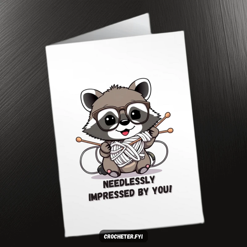 Free Printable Congratulations Card: Mischievous raccoon with glasses caught in knitting needles, a funny sight. Hilarious downloadable art.