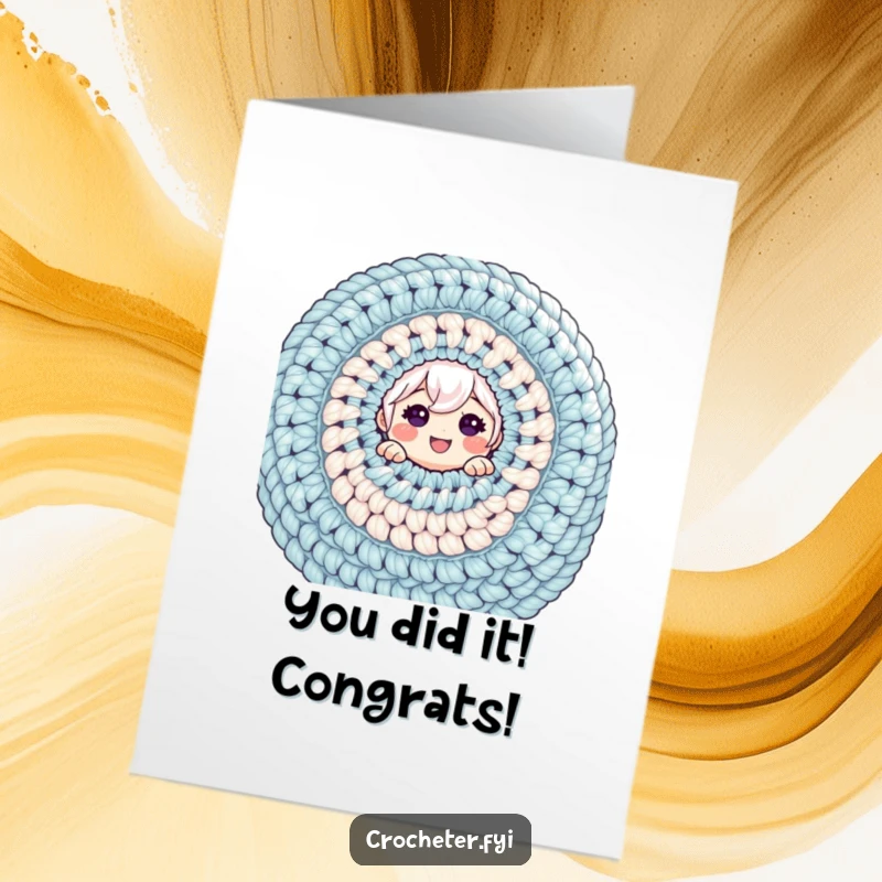 Free Printable Congrats Card: Cheerful character peeking from massive crochet project, celebrating success with humor.