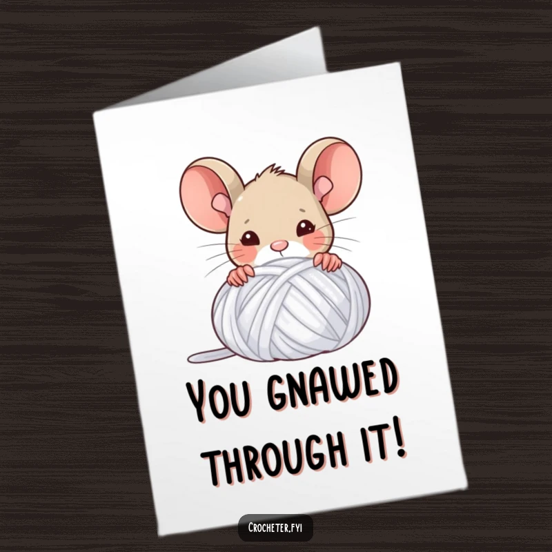 Funny Free Printable Mouse Congratulations Card: A proud mouse emerges triumphantly from behind a huge yarn ball, celebrating success.