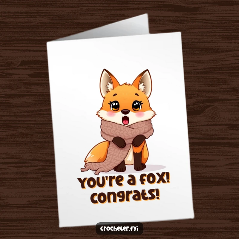Funny free printable congratulations card showing a surprised fox entangled in a massive crocheted scarf it unintentionally created, a unique celebration.