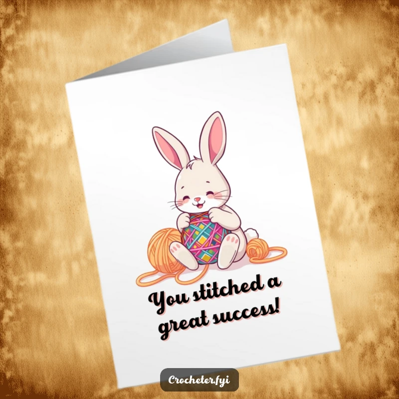 Funny Free Printable Congrats Card: A happy bunny joyfully stitches a colorful pattern with big yarn. Downloadable congratulations.
