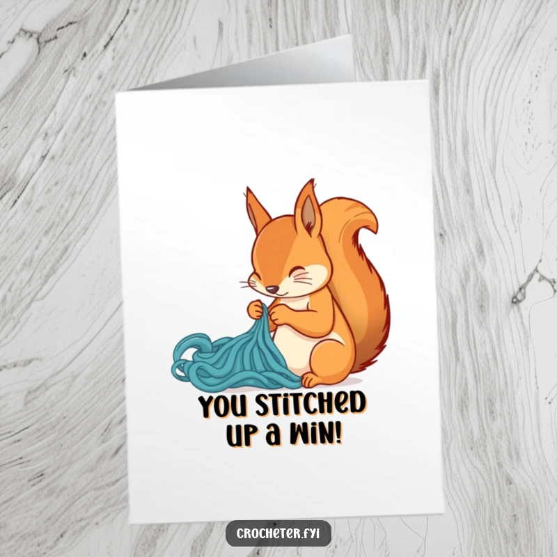 Funny Free Printable Congrats Card: A squirrel focused on stitching, symbolizing skillful achievement and congratulatory vibes.