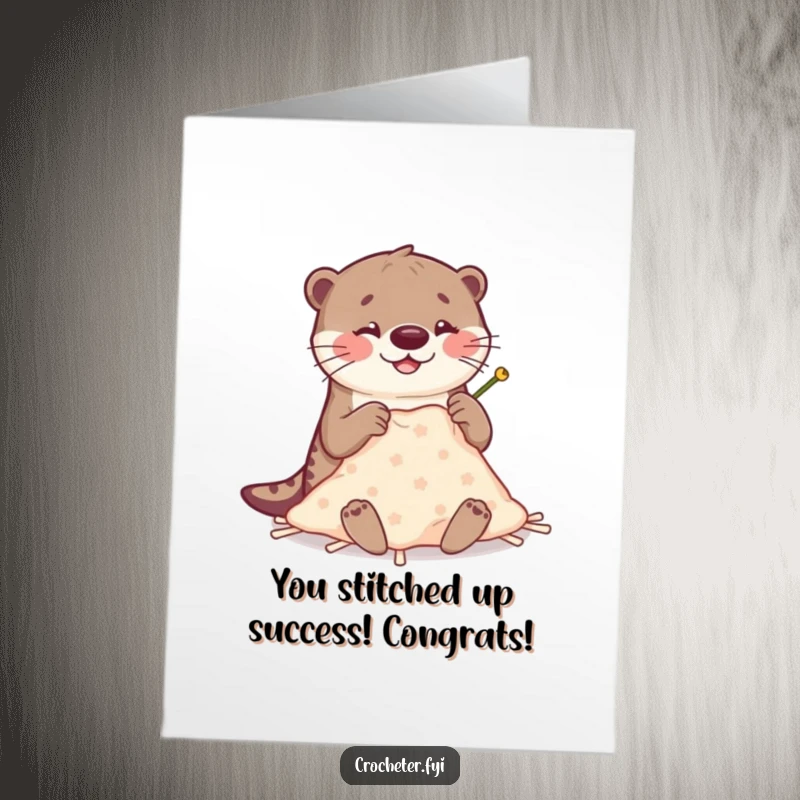 Funny Free Printable Congratulations Card: otter proudly holds a small stitched blanket, celebrating success, downloadable art