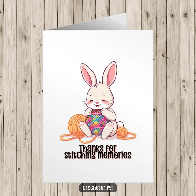 Funny Free Printable Thank You Card: A happy bunny diligently stitches a colorful pattern with big yarn. A sweet and downloadable thank you.