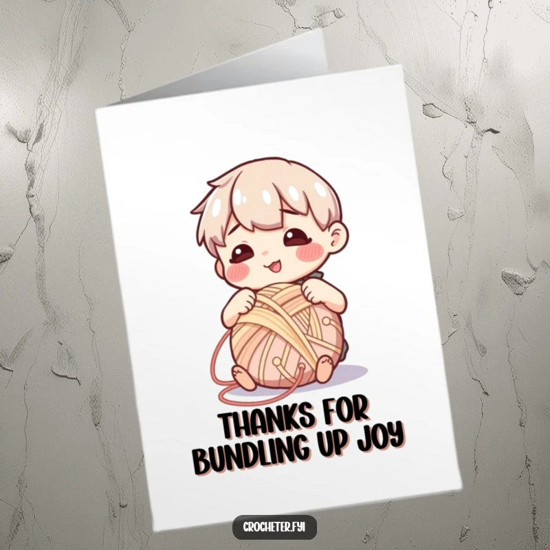 Funny Free Printable Thank You Card featuring a content character happily and neatly winding a ball of yarn.