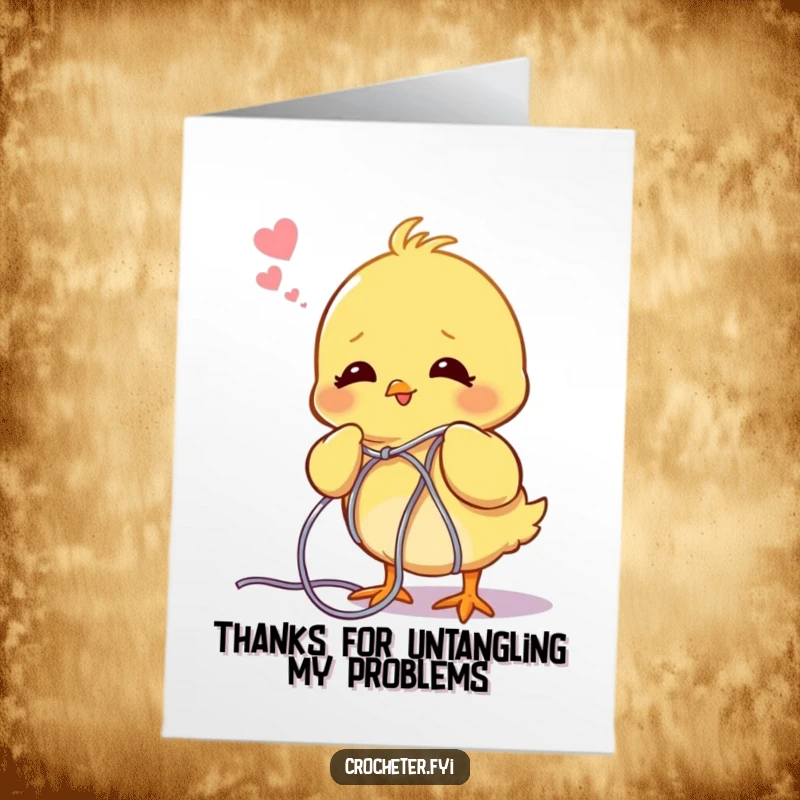 Funny Free Printable Thank You Card with a relaxed chick happily caught in a messy ball of yarn, great for printable gifts.