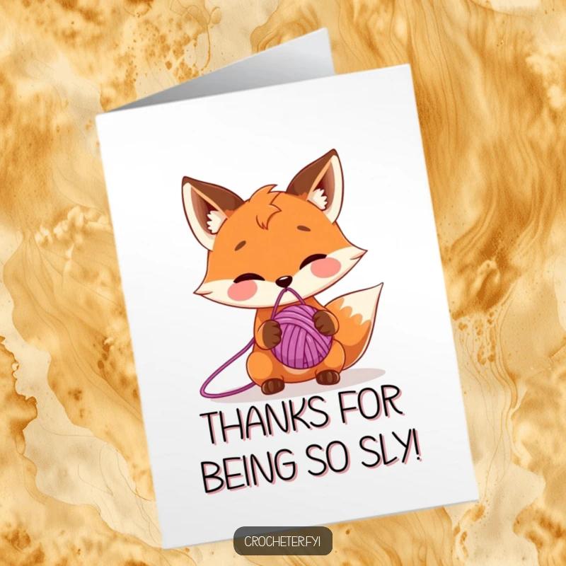 Funny free printable thank you card: a mischievous fox character balancing a ball of yarn on its nose, offering thanks.