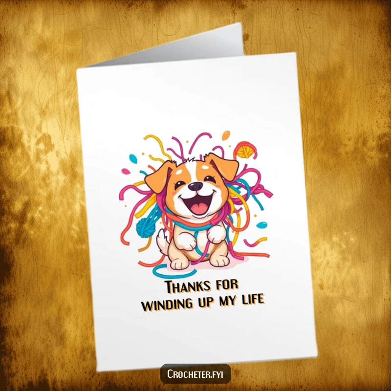 Funny Free Printable Thank You Card: Excited dog in a hilarious colorful yarn explosion, perfect for a DIY gesture