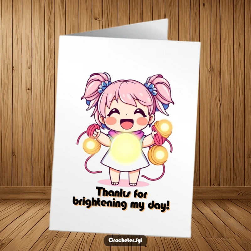 Funny Free Printable Thank You Card: Joyful character holding luminous yarn skeins like glowing orbs, expressing thanks.