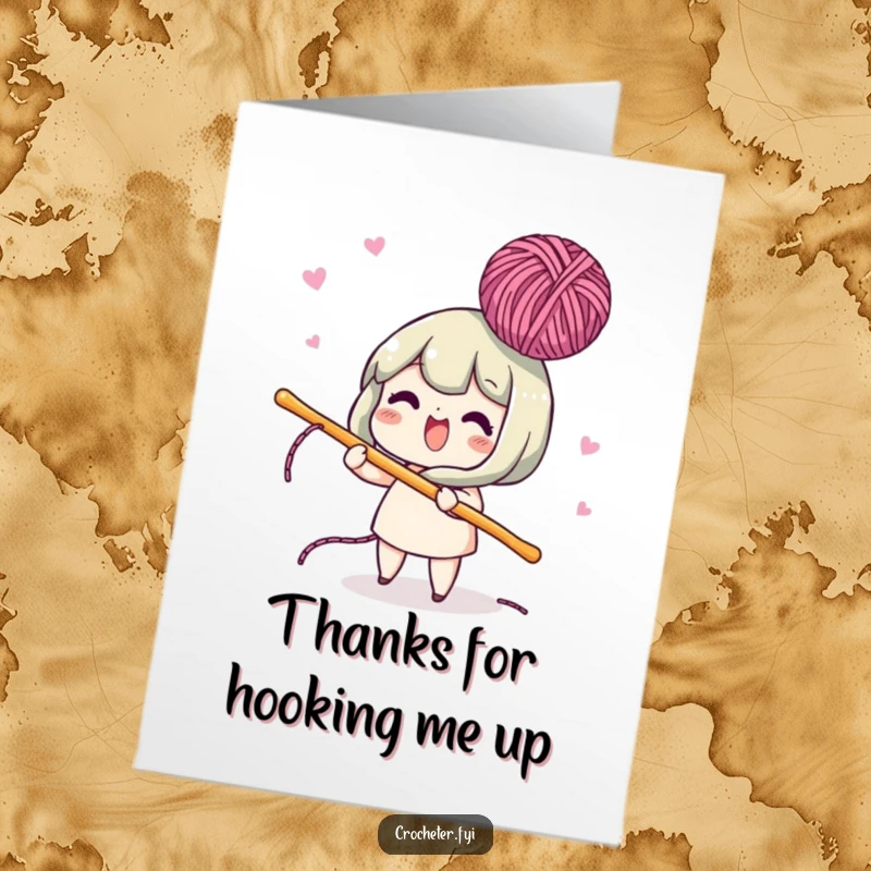 Funny Free Printable Thank You Card of a lively character energetically bobbing yarn with a crochet hook.