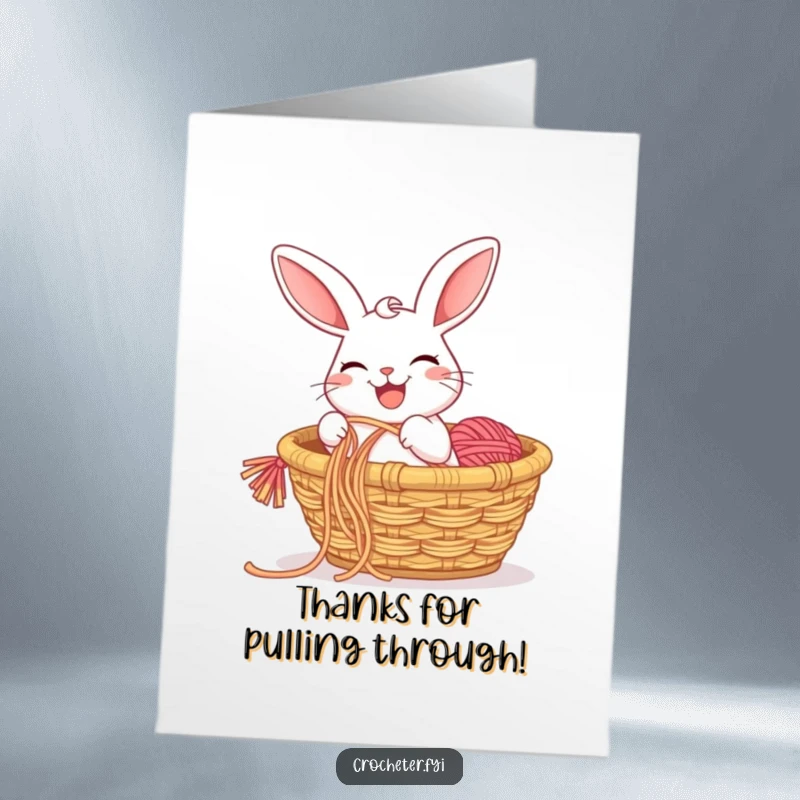 Funny free printable thank you card: a grinning rabbit pulling a long yarn string from a basket, expressing thanks.
