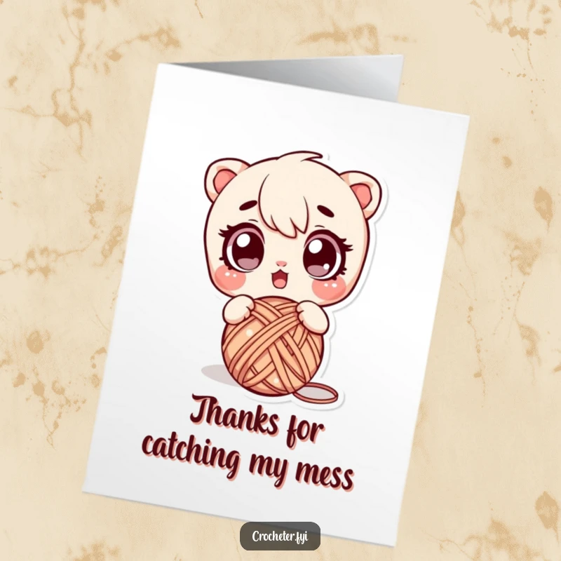 Funny Free Printable Thank You Card featuring a character with a surprised expression dropping yarn.