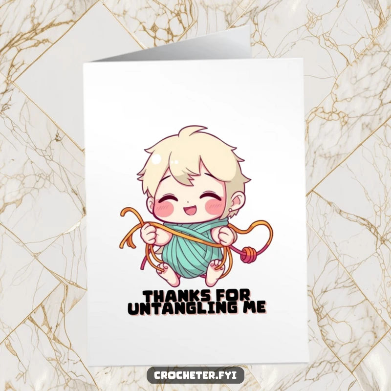 Funny free printable thank you card of a grinning character playfully wrapped in yarn, thanking someone for help.