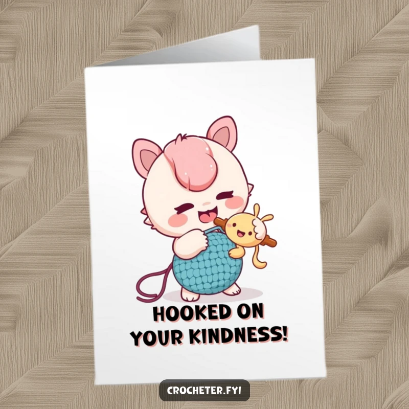 Funny Free Printable Thank You Card: A mischievous character using a crochet hook to playfully tickle a friend, a humorous way to say thanks.