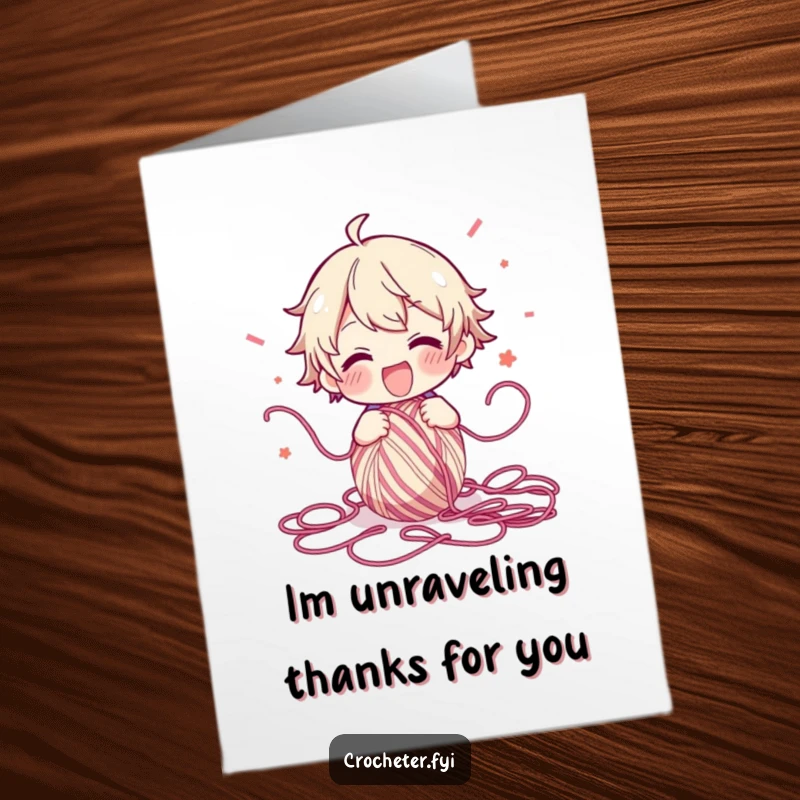 Funny free printable thank you card of a character gleefully unraveling yarn, scattering it everywhere in a fun mess.
