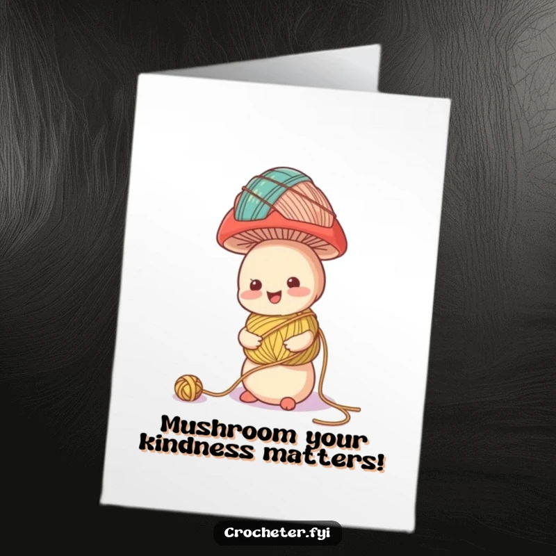 Funny Free Printable Thank You Card: Cheerful mushroom balancing an impressive tower of yarn balls. Adorable, thankful DIY card.