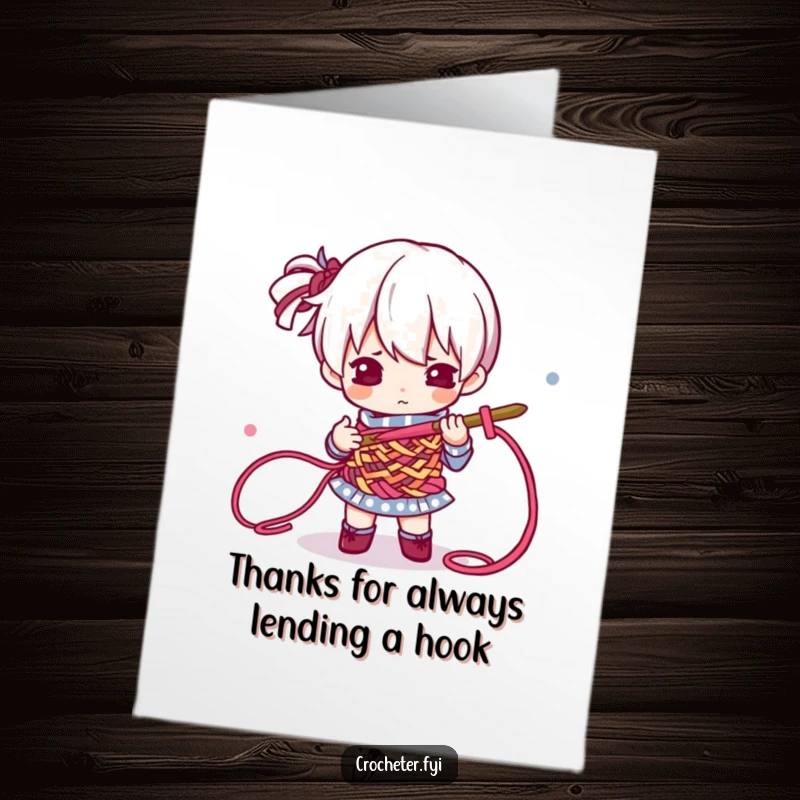 Funny free printable thank you card of a determined character focused on their intricate crochet work, expressing thanks.