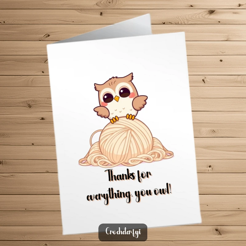 Funny Free Printable Thank You Card: giggling owl drops a large ball of yarn, a quirky thank you, downloadable