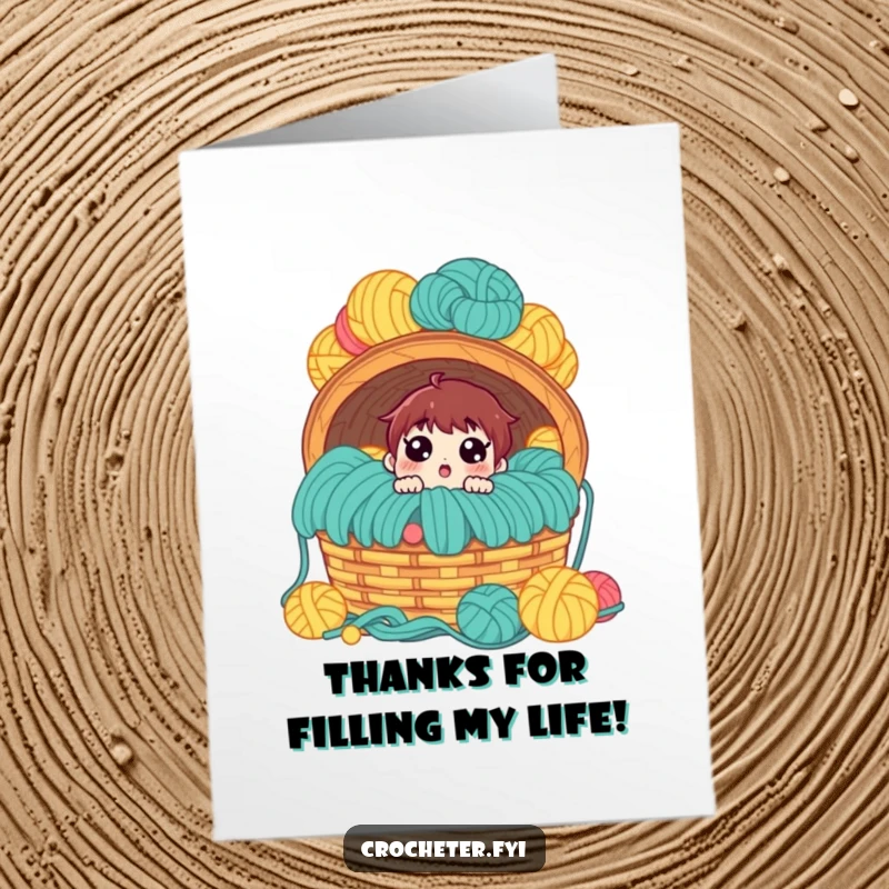 Funny Free Printable Thank You Card: Character amazed by a huge overflowing yarn basket, expressing thanks creatively.