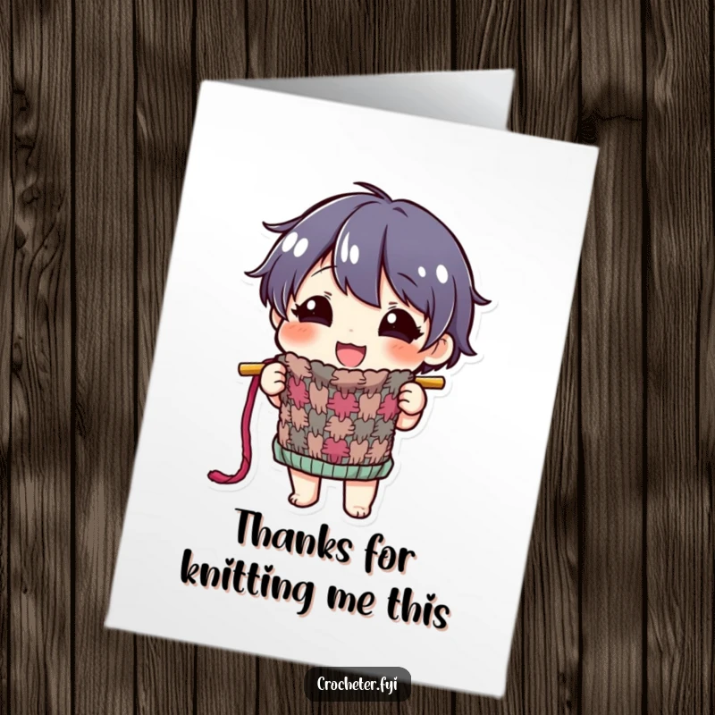 Funny Free Printable Thank You Card: Happy character proudly displaying a colorful, half-finished knitted item, expressing thanks.