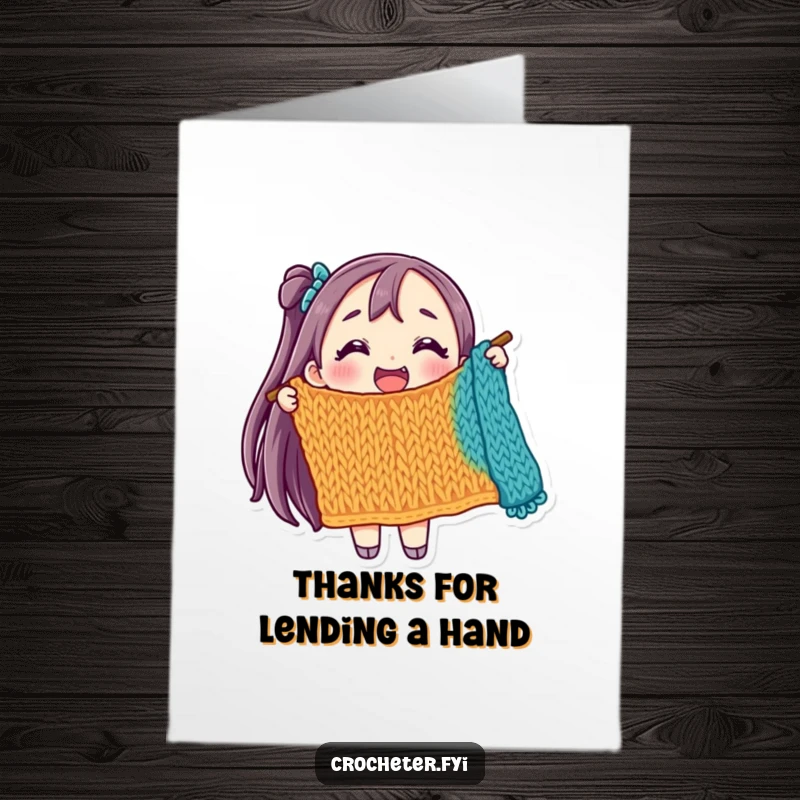 Funny Free Printable Thank You Card: A smiling knitter proudly holds up a bright, partially finished knitted item, a sweet thank you.