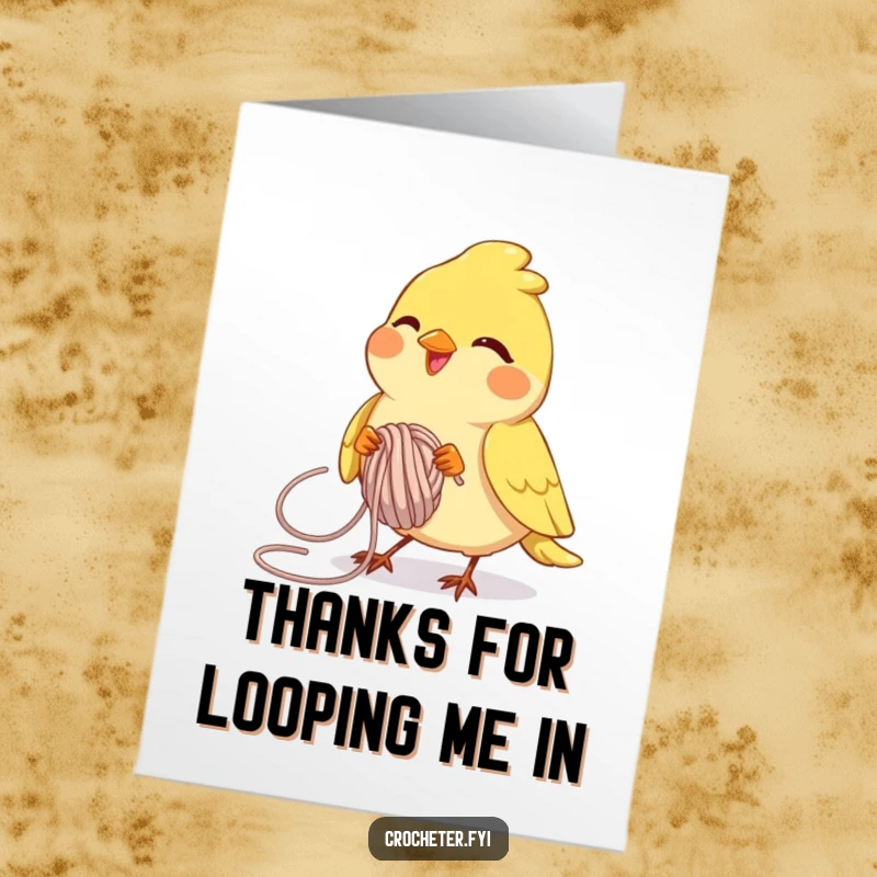 Funny Free Printable Thank You Card: Joyful bird deftly looping yarn with determined focus, perfect for DIY gesture