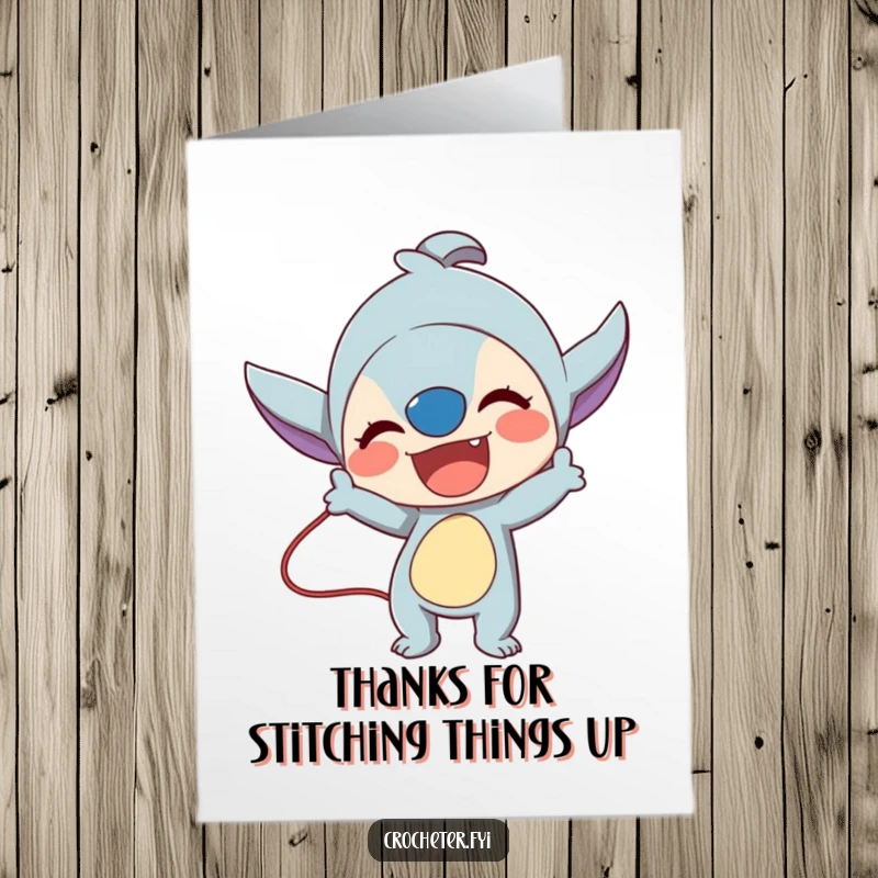 Dynamic Free Printable Thank You Card: An enthusiastic character excitedly demonstrating a challenging and intricate stitch pattern.