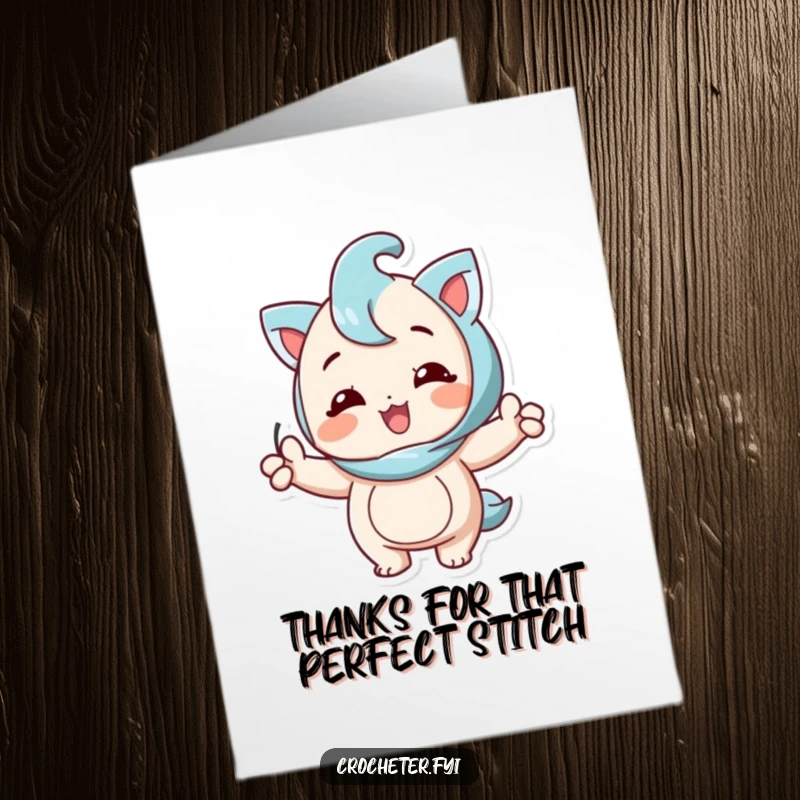 Funny free printable thank you card where a content character proudly showcases a flawless stitch, conveying heartfelt thanks.