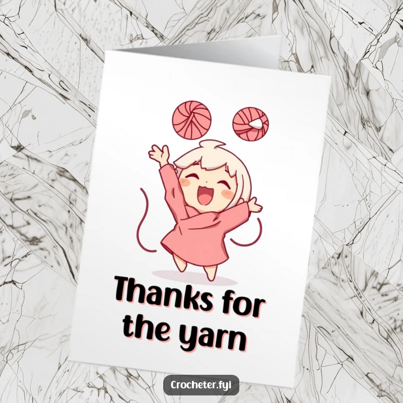Funny Free Printable Thank You Card depicting a character joyfully throwing a ball of yarn, conveying heartfelt thanks.