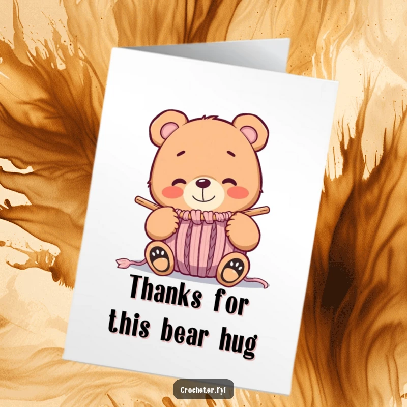 Funny Free Printable Thank You Card: Whimsical bear smiling at a nearly finished knitted item, perfect for DIY gesture